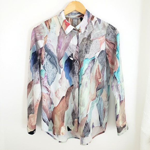 H&M paint stroke printed blouse size 6 navy/grey/tan - Picture 1 of 8
